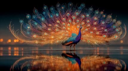 A majestic peacock with a vibrant, glowing fanned tail stands in water with its reflection.