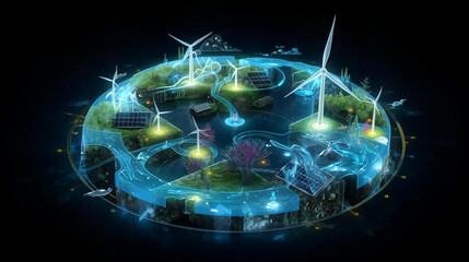 A glowing holographic visualization of renewable energy systems (solar panels, wind turbines, water flows) arranged in a circular, sustainable ecosystem diagram