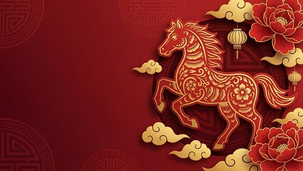 Festive Red Background with Golden Horse, Clouds, Lanterns, and Peonies, Celebrating Traditional Chinese New Year Culture and Prosperity