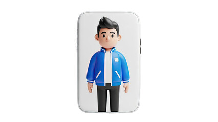 3D Cartoon Man in Blue Jacket on Smartphone Screen