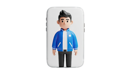 3D Cartoon Man in Blue Jacket on Smartphone Screen