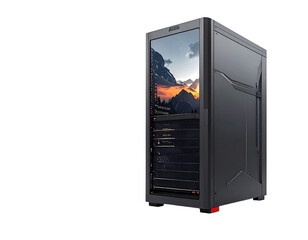 Computer server tower isolated on transparent background for technology and data concepts