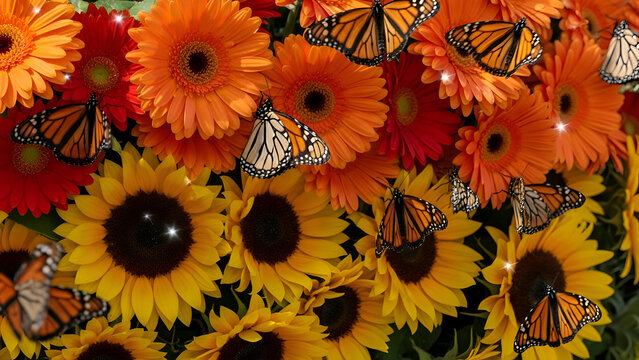 Monarch butterflies fluttering among vibrant sunflowers and gerbera daisies in a sunlit garden, creating a colorful and lively springtime scene. - Powered by Adobe
