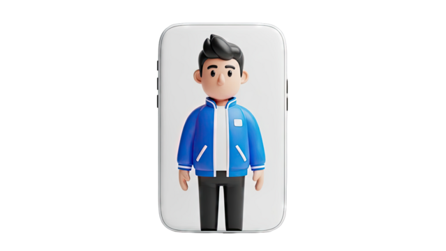 3D Cartoon Man in Blue Jacket on Smartphone Screen - Powered by Adobe