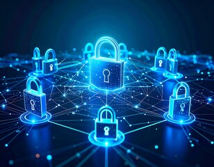 Digital representation featuring interconnected padlocks, symbolizing network security and data protection, illuminated with blue lights