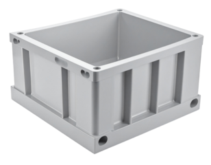 Gray rectangular storage container with transparent background isolated