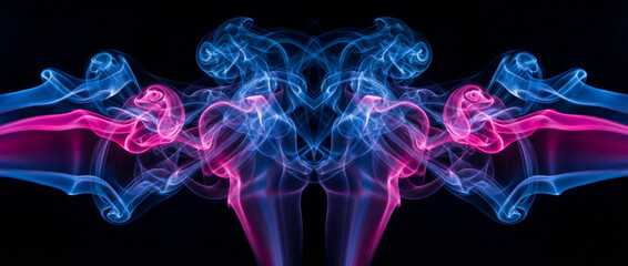 Abstract symmetrical pattern of blue and pink smoke swirling against a black background.