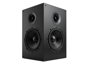 Modern black audio speaker isolated on transparent background