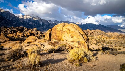 Sunny desert landscape showcasing rocks and mountainous backdrop under cloudy sky
