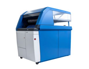 Modern office equipment blue and white multifunction device on transparent background