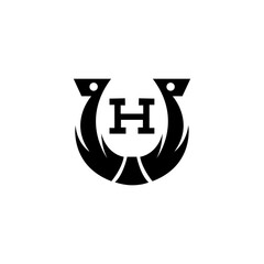 H letter logo with iron horse shoe icon in flat design style