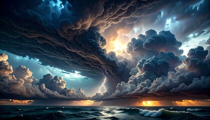A dramatic depiction of an ocean scene under a stormy sky, with swirling clouds, lightning, and a fiery sunset glow