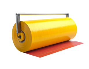 Yellow paint roller on red surface transparent background for creative projects