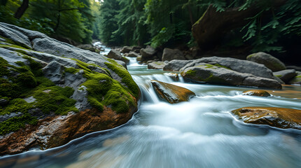 Gentle Flowing Water Over Mossy Rocks Creating Relaxation