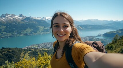 Young woman taking a selfie during her hike in the Swiss Alps