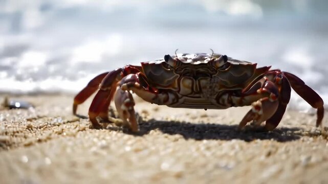 Close-up of a crab walking on the sandy beach, showcasing its intricate shell and vibrant reddish-brown legs.