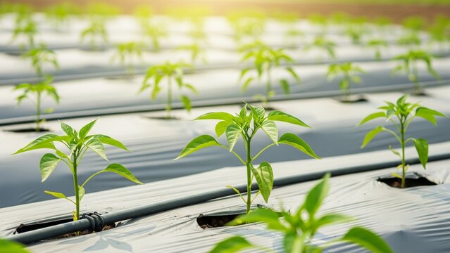 Neat rows of green seedlings stretch toward the horizon, protected by plastic film and nurtured by a systematic watering process in a high-tech farming field.
