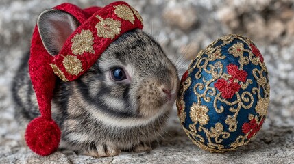 Adorable striped bunny wearing a red embroidered hat snuggles next to an ornate blue egg on a stone surface, creating a charming festive scene ideal for spring and holiday promotions.