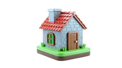 Stylized Brick House with Red Roof and Chimney