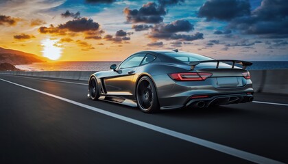 Naklejka premium Sleek sports car driving on a coastal road during a vibrant sunset