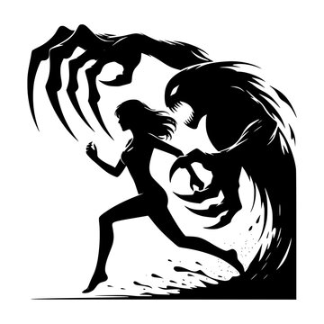 A Silhouette of a woman chased by dark clawed monstser shadow vector image illustration