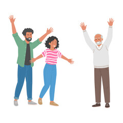 Fototapeta premium A cheerful illustration depicting a family reunion with three generations joyfully celebrating together. The drawing features a father, daughter, and grandfather.