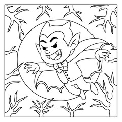 Obraz premium flying vampire coloring page with full moon and tree branches.hallowen concept coloring book