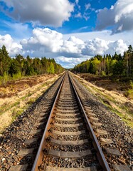 Obraz premium View along train tracks vanishing into a forest under a cloudy blue sky