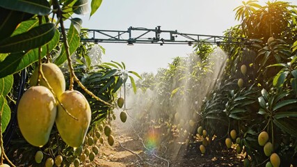 Mango orchard bathed in golden sunlight with ripe fruits on trees.