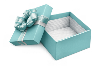 Empty blue gift box with the lid open, revealing a white interior, tied with a matching ribbon and bow, on transparent background
