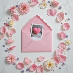 Romantic pink envelope with heart photo and flowers