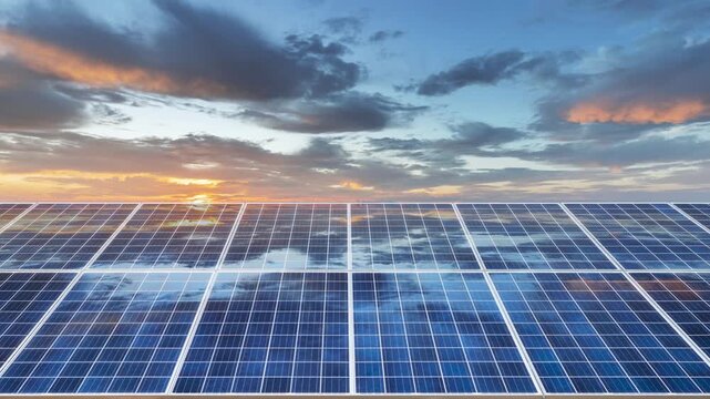 time-lapse of solar panels under a fiery sunset sky, reflecting vibrant clouds, renewable energy and sustainable future scene.