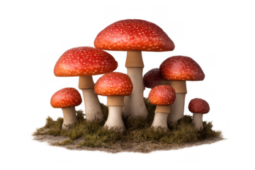 Fly agaric mushrooms growing on moss, transparent background, representing nature, danger, and fantasy