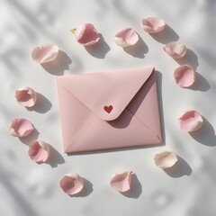 Romantic pink envelope with rose petals and heart symbol