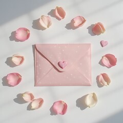 Pink envelope with heart and rose petals on white background