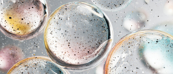 abstract glass bubbles with particles, luxury transparent sphere background, floating crystal bubbles texture

