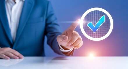 Businessman in blue suit interacting with digital checkmark interface