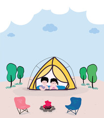 Family Camping Scene Illustration with Tent and Campfire