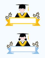 Graduation Duo Upper Body Illustration with Ribbon Banner Blank Frame, Academic Celebration Design