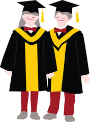 Graduation Duo Standing, Smiling Male and Female Students Illustration, Academic Celebration Design