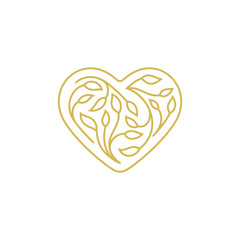 Luxurious heart logo with foliage ornament in minimalist line concept.