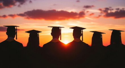 Silhouetted graduation class in caps and gowns against a vivid sunset. Captures a sense of achievement and the promise of the future. The sunset creates a warm atmosphere.