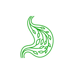 Stomach logo with leaf ornament in simple line design style.