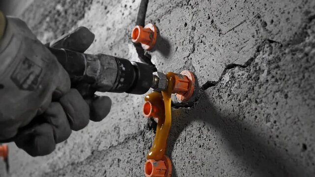 Professional macro view of a mechanical injection port and electric drill positioned on a structural concrete crack for foundation repair and masonry restoration maintenance work.