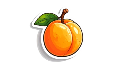 Pixelated Orange Apricot Sticker with Green Leaf on Black Background
