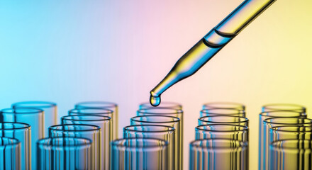 A pipette carefully drips a clear liquid into a rack of test tubes against a vibrant blue and yellow gradient backdrop, exemplifying precision in a laboratory setting.