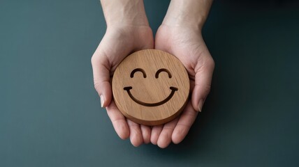 A warm, top-down view of cupped hands gently holding a circular wooden coaster adorned with a carved happy face emoji, symbolizing joy, satisfaction, and positive emotions.