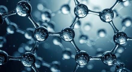 Macro close up on a shiny spheres in blue and white hue arranged in a connected molecular structure. Abstract concept for science and technology.