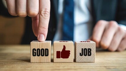 A hand points to the word 'GOOD' in 'GOOD JOB' spelled with wooden blocks, with a thumbs-up icon on the middle block, symbolizing positive recognition and achievement.