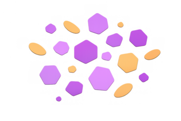 Purple and orange geometric hexagons and ovals scattering, modern 3d abstract pattern with transparent background